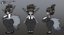  2023 4_fingers a-pose anthro arm_markings arm_tuft artist_name ass bartender big_breasts big_tail biped black_clothing black_footwear black_necktie black_nose black_shoes black_text black_topwear black_vest bottomwear breasts brown_hair button_(fastener) canid canine cheek_markings cheek_tuft clothed clothing color_swatch colored curvy_figure digital_drawing_(artwork) digital_media_(artwork) dipstick_ears dipstick_tail ear_markings ear_piercing ear_ring english_text eve_(raz) eyebrow_through_hair eyebrows eyelashes facial_markings facial_tuft female fingers flats fluffy fluffy_tail footwear front_view full-length_portrait fully_clothed fur furgonomic_bottomwear furgonomics glistening glistening_hair goblin gold_(metal) grey_body grey_fur grey_inner_ear hair hand_on_hip head_markings hi_res hourglass_figure humanoid hybrid looking_at_viewer looking_back mammal markings model_sheet multicolored_ears necktie piercing plantigrade pockets portrait purple_eyes rear_view ring_piercing shirt short_stack shoulder_tuft side_view signature simple_background smile solo standing striped_body striped_fur striped_markings stripes tail tail_markings text thick_eyelashes topwear translucent translucent_hair tuft twistingtoxic uniform vest voluptuous white_clothing white_shirt white_topwear 