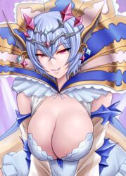  blue_dress blue_hair breasts cleavage dress earrings female gem granblue_fantasy jewelry large_breasts macula_marius purple_eyes short_hair smile solo suzuki_sakura tiara 