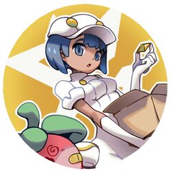  :o @_@ aether_foundation_employee aether_foundation_uniform bandaid baseball_cap blue_eyes blue_hair bounsweet box cardboard_box commentary dark-skinned_female dark_skin dress english_commentary female hat holding holding_box looking_at_viewer pinkgermy pokemon pokemon_(creature) pokemon_sm revive_(pokemon) round_image short_hair sleeves_rolled_up uniform white_dress white_headwear 