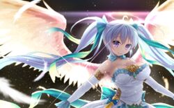  angel angel_wings arm_warmers bare_shoulders bettle_(b_s_a_n) black_background blue_bow blue_ribbon bow breasts cleavage dress elbow_gloves feathered_wings feathers female gloves hairbow halo looking_at_viewer medium_breasts miruno_(sennen_sensou_aigis) purple_eyes ribbon sennen_sensou_aigis smile solo twintails upper_body white_dress wings 