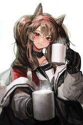  angelina_(arknights) animal_ears arknights black_coat black_gloves blurry blush brown_hair coat cup depth_of_field earpiece female fox_ears gloves hairband head_tilt highres holding holding_cup infection_monitor_(arknights) jacket jiki_(gkdlfnzo1245) korean_commentary long_hair looking_at_viewer off_shoulder open_clothes open_coat parted_lips red_eyes red_jacket shirt simple_background smile solo steam twintails unzipped upper_body white_background white_shirt 