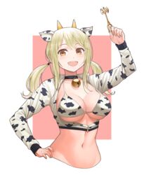  :d animal_ears animal_print arm_up bell bikini bikini_top_only black_choker blonde_hair breasts choker cleavage collarbone cow_ears cow_girl cow_horns cow_print crop_top cropped_jacket cropped_torso fairy_tail female groin halterneck hand_on_own_hip highres holding horns jacket jchoy jingle_bell key large_breasts long_hair long_sleeves looking_at_viewer low_twintails lucy_heartfilia midriff navel open_mouth orange_eyes revealing_clothes smile solo stomach string_bikini swimsuit twintails white_bikini white_jacket 