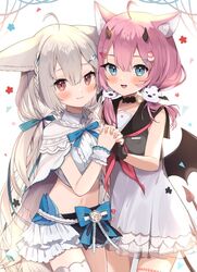  2girls :d ahoge animal_ear_fluff animal_ears asymmetrical_legwear bare_shoulders belt black_gloves black_sailor_collar black_wings blue_bow blue_eyes blue_ribbon bow bowtie braid brown_eyes cape capelet cat_ears cat_girl closed_mouth collared_shirt commentary_request commission commissioner_upload cowboy_shot crop_top demon_girl demon_tail demon_wings dress ears_down eyebrows_hidden_by_hair fingerless_gloves fox_ears fox_girl fox_tail frilled_capelet frilled_skirt frills gloves goma_(u_p) hair_between_eyes hair_ornament hair_over_shoulder hair_ribbon hair_scrunchie hairclip hairpin high_collar horns large_ears large_tail layered_capelet layered_skirt long_hair low_twintails midriff miniskirt mismatched_legwear multiple_girls nail_polish navel open_mouth original pink_hair pink_nails red_eyes ribbon sailor_collar sailor_dress sakurada_hane sakurada_shiro_(hy_plus) sakurada_shiro_(summer)_(hy_plus) scrunchie shirt short_hair side_braid single_thighhigh skeb_commission skirt sleeveless sleeveless_dress smile tail thighhighs tied_hair twintails very_long_hair white_background white_cape white_hair white_shirt white_thighhighs wings wrist_cuffs wrist_scrunchie 