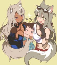  1boy 2girls animal_ears blue_flower blue_rose blush clothes_around_waist cross-laced_clothes crown dark_skin detached_sleeves elbow_pads flower fox fox_ears fox_tail gem girl_sandwich goggles goggles_on_head halterneck high-waist_sideboob lily_the_mechanic long_hair lost_pause mechanic multiple_girls open_mouth puffy_detached_sleeves puffy_sleeves purple_eyes rose sakura_spirit sakurano_machiko sandwiched smile tail wanaca wavy_hair 