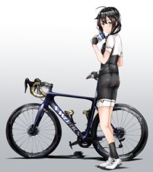  adapted_costume ahoge bicycle bike_shorts black_gloves black_hair black_shirt black_shorts black_socks blue_eyes braid cycling_uniform female fingerless_gloves full_body gloves hair_flaps hair_over_shoulder highres kantai_collection kazu_(really_in_hot_water_now) multicolored_shirt shigure_(kancolle) shigure_kai_ni_(kancolle) shirt shoes short_sleeves shorts single_braid sneakers socks solo standing white_footwear white_shirt 