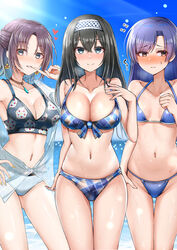  3girls absurdres ahoge armpits asakura_toru ass_visible_through_thighs bare_shoulders beach bikini black_bikini black_hair blue_bikini blue_eyes blue_hair blue_sky blush breasts brown_choker brown_eyes brown_hair checkered_bikini checkered_clothes choker cleavage closed_mouth cloud collarbone commentary_request cowboy_shot crossed_bangs day earrings embarrassed finger_to_mouth flying_sweatdrops front-tie_bikini_top front-tie_top gradient_hair groin hair_between_eyes hairband half_updo hand_on_own_chest hand_on_own_hip hand_up heart highres idolmaster idolmaster_(classic) idolmaster_cinderella_girls idolmaster_shiny_colors jacket jewelry kisaragi_chihaya large_breasts light_rays long_hair looking_at_viewer looking_to_the_side mabanna midriff mismatched_bikini multicolored_hair multiple_girls navel nose_blush ocean off_shoulder outdoors parted_bangs parted_lips partially_unbuttoned sagisawa_fumika see-through short_hair sidelocks skindentation sky small_breasts smile standing sunbeam sunlight sweat swimsuit thigh_gap 