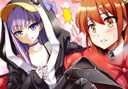  2girls ahoge animal_hood bare_shoulders bikini black_bikini black_jacket blue_bow blue_eyes blush bow breasts chaldea_uniform choker closed_mouth collarbone commentary couch crossed_legs fate/grand_order fate_(series) fujimaru_ritsuka_(female) hair_ornament hair_scrunchie hood hood_up jacket kuso_miso_technique licking_lips long_hair long_sleeves looking_at_viewer makishima_rin meltryllis_(fate) meltryllis_(swimsuit_lancer)_(fate) meltryllis_(swimsuit_lancer)_(first_ascension)_(fate) multiple_girls one_side_up orange_eyes orange_hair parody penguin_hood prosthesis prosthetic_leg purple_hair scrunchie sitting sleeves_past_wrists small_breasts swimsuit tongue tongue_out very_long_hair yaranaika 