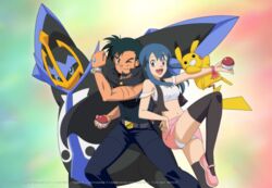  1boy :d aged_up belt belt_buckle blue_eyes blue_hair brown_eyes brown_legwear buckle clenched_hand closed_mouth commentary commission dawn_(pokemon) empoleon english_commentary eyelashes facial_hair female hand_up holding holding_poke_ball leg_up long_hair navel noelia_ponce one_eye_closed open_mouth pants pikachu pink_footwear pink_skirt poke_ball poke_ball_(basic) pokemon pokemon_(anime) pokemon_(creature) pokemon_dppt_(anime) ribbon satoshi_(pokemon) scar scar_on_arm shirt shoes short_hair skirt smile thighhighs white_shirt wrist_ribbon z-ring 