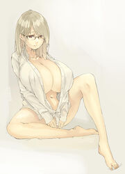  barefoot blonde_hair breasts cleavage commentary_request dress_shirt feet female glasses gram_(muneneko) highres huge_breasts long_hair muneneko naked_shirt navel open_clothes open_shirt original red_eyes shirt solo 