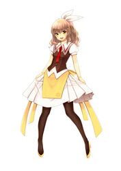  :d bad_id bad_pixiv_id bracelet brown_hair brown_pantyhose female full_body hair_ornament hairclip highres jewelry necktie open_mouth pantyhose personification photoshop_(medium) product_girl red_necktie skirt skirt_hold smile solo standing usamero vest white_skirt yukico-tan yukijirushi 