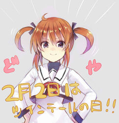  bad_id bad_pixiv_id female hands_on_own_hips long_sleeves looking_at_viewer lowres lyrical_nanoha mahou_shoujo_lyrical_nanoha mahou_shoujo_lyrical_nanoha_a&#039;s purple_eyes red_hair school_uniform seishou_elementary_school_uniform short_twintails smile solo takamachi_nanoha translation_request twintails yuukome_(tekunon) 