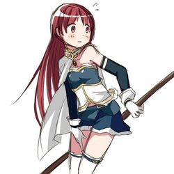  alternate_costume alternate_hairstyle bad_id bad_pixiv_id cape cosplay detached_sleeves female flying_sweatdrops gloves hair_down jewelry kyabechi long_hair magical_girl mahou_shoujo_madoka_magica mahou_shoujo_madoka_magica_(anime) mahou_shoujo_madoka_magica_movie_1_&amp;_2 midriff miki_sayaka miki_sayaka_(cosplay) miki_sayaka_(magical_girl) navel over-kneehighs pendant red_eyes red_hair sakura_kyoko simple_background skirt solo soul_gem thighhighs white_background white_thighhighs 