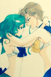  2girls bishoujo_senshi_sailor_moon blue_choker blue_eyes blue_sailor_collar bra breasts brown_hair choker clenched_teeth commentary_request from_side green_eyes green_hair groin hana_(haruharu-michimichi83) kaiou_michiru magical_girl medium_breasts mouth_hold multiple_girls outer_senshi partial_commentary sailor_collar sailor_moon_narikiri_bra_set sailor_neptune sailor_senshi sailor_senshi_uniform sailor_uranus short_hair skirt teeth ten&#039;ou_haruka underwear untying upper_body very_short_hair yuri 