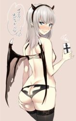  aqua_eyes arm_at_side ass ass_cutout ass_support back bad_id bad_twitter_id black_hairband black_horns black_thighhighs black_wings blush breasts butt_crack cellphone closed_mouth clothing_cutout commentary cross cross_cutout cross_earrings demon_girl demon_horns demon_wings dimples_of_venus earrings fake_horns female from_behind girls_und_panzer grey_hair hairband halloween halloween_costume hand_up holding holding_phone horns itsumi_erika jewelry looking_at_viewer looking_back low_wings lowleg medium_breasts medium_hair nervous_smile noripachi nose_blush phone pinky_out pointy_ears shoulder_blades skindentation slit_pupils smartphone smartphone_case smile solo standing straight_hair strap_gap sweatdrop thighhighs thought_bubble translation_request tsurime v-shaped_eyebrows wings 