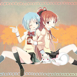  2girls bad_id bad_pixiv_id blue_eyes blue_hair blush bow commentary_request eye_contact food food_in_mouth hair_ribbon highres kyabechi kyuubee locked_arms long_hair looking_at_another mahou_shoujo_madoka_magica mahou_shoujo_madoka_magica:_hangyaku_no_monogatari miki_sayaka mitakihara_school_uniform multiple_girls one_eye_closed open_mouth panties pantyshot pocky ponytail red_eyes red_hair ribbon sakura_kyoko school_uniform short_hair sitting skirt smile underwear 