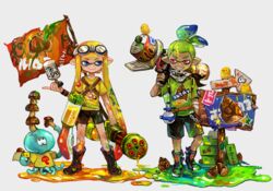  1boy arrow_(projectile) bamboo_shoot bandana bike_shorts black_shorts blaster_(splatoon) blue_eyes blunt_bangs boots commentary_request disruptor_(splatoon) female flag full_body goggles goggles_on_head gradient_hair grin hair_slicked_back hand_in_pocket holding holding_weapon inkling inkling_boy inkling_girl inkling_player_character jellyfish_(splatoon) long_hair looking_at_another mini_splatling_(splatoon) monster_girl multicolored_hair mushroom paint_splatter pointy_ears purple_eyes scrunchie shirt short_hair shorts smile splatoon_(series) splatoon_1 standing star_(symbol) suction_bomb_(splatoon) t-shirt tentacle_hair topknot touchuukasou_(oxoxo_a) weapon 