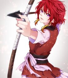  akatsuki_no_yona arrow_(projectile) bow_(weapon) commentary_request drawing_bow dress earrings female from_side gradient_background holding holding_bow_(weapon) holding_weapon jewelry kanako3510 purple_eyes red_hair short_hair solo tassel tassel_earrings twitter_username weapon yona_(akatsuki_no_yona) 