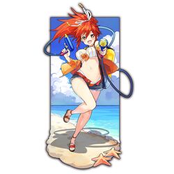  aiming aiming_at_viewer beach bikini bright_pupils day dual_wielding female full_body high_ponytail holding jacket last_period long_hair looking_at_viewer navel non-web_source oerba_yun_fang open_clothes open_fly open_jacket open_mouth outdoors outline red_eyes red_hair sandals short_shorts shorts solo standing starfish striped_bikini striped_clothes swimsuit water_gun white_background whoopin 