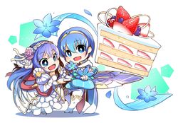  1boy blue_eyes blue_hair blush bouquet bridal_veil bride caeda_(bridal)_(fire_emblem) caeda_(fire_emblem) cape chibi commentary_request couple dress elbow_gloves female fingerless_gloves fire_emblem fire_emblem:_mystery_of_the_emblem fire_emblem_heroes flower formal gloves groom hair_flower hair_ornament hairband headband highres husband_and_wife jewelry long_hair looking_at_viewer marth_(fire_emblem) nakabayashi_zun pegasus_knight_uniform_(fire_emblem) smile straight strapless suit tuxedo veil weapon wedding wedding_dress white_dress white_suit 