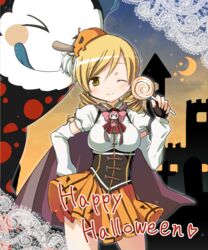  &gt;_&lt; ;) bad_id bad_pixiv_id blonde_hair blue_tongue blush blush_stickers breasts candy cape charlotte_(madoka_magica) cityscape closed_eyes colored_tongue commentary_request crescent_moon detached_sleeves female fingerless_gloves food gloves hair_ornament halloween hand_on_own_hip happy_halloween hat heart highres kyabechi large_breasts lollipop looking_at_viewer magical_girl mahou_shoujo_madoka_magica mahou_shoujo_madoka_magica_(anime) moon one_eye_closed skirt smile spoilers star_(symbol) swirl_lollipop tomoe_mami tomoe_mami_(magical_girl) tongue tongue_out witch_(madoka_magica) yellow_eyes 