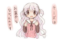  bad_id bad_pixiv_id brown_eyes female hair_ornament kyabechi long_hair mahou_shoujo_madoka_magica mahou_shoujo_madoka_magica:_hangyaku_no_monogatari momoe_nagisa open_mouth ribbon solo translated two_side_up wavy_hair white_hair 