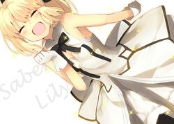  :d ^_^ ahoge artoria_pendragon_(fate) bare_shoulders black_ribbon blonde_hair blush breasts character_name closed_eyes commentary_request detached_collar dress dutch_angle facing_viewer fate/unlimited_codes fate_(series) female gloves hand_up medium_breasts open_mouth ponytail ribbon saber_lily shiime simple_background smile solo white_background white_dress white_gloves 