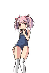  bad_id bad_pixiv_id blush female hair_ribbon kaname_madoka knees_together_feet_apart kyabechi mahou_shoujo_madoka_magica mahou_shoujo_madoka_magica_(anime) one-piece_swimsuit pink_eyes pink_hair ribbon school_swimsuit short_twintails simple_background solo swimsuit thigh_gap thighhighs translated twintails white_background 