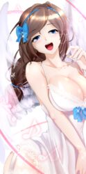  :d bad_id bad_pixiv_id blue_eyes breasts brown_hair cyphers eighth_note female garter_straps hairband large_breasts long_hair looking_at_viewer musical_note open_mouth ponytail risa_(cyphers) saltycaramel smile solo 