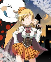  &gt;_&lt; bad_id bad_pixiv_id beret blonde_hair blue_tongue blush blush_stickers breasts building candy cape castle charlotte_(madoka_magica) cityscape closed_eyes colored_tongue contrapposto cowboy_shot crescent_moon detached_sleeves female fingerless_gloves food food-themed_hair_ornament gloves hair_ornament hand_on_own_hip hat highres kyabechi large_breasts lollipop long_sleeves looking_at_viewer magical_girl mahou_shoujo_madoka_magica mahou_shoujo_madoka_magica_(anime) moon one_eye_closed orange_skirt pumpkin_hair_ornament silhouette skirt smile spoilers standing star_(symbol) swirl_lollipop tomoe_mami tomoe_mami_(magical_girl) tongue tongue_out underbust witch_(madoka_magica) yellow_eyes 