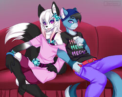  2015 akukun anthro arctic_fox azure_blues belt bracelet candy canid canine clothing dessert devicre domestic_cat duo eyeshadow felid feline felis femboy fluffy food fox fur furniture hat headgear headwear hi_res jewelry legwear makeup male mammal purple_eyes sofa true_fox 