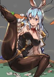  animal_ears black_pantyhose blue_hair blush bow bowtie breasts carrot cleavage commentary_request detached_collar fake_animal_ears female gloves granblue_fantasy highres holding jacket jacket_on_shoulders katsudansou large_breasts long_hair pantyhose playboy_bunny purple_eyes rabbit_ears sexually_suggestive solo spread_legs tears therese_(granblue_fantasy) white_gloves 