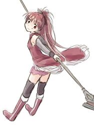  arm_guards bad_id bad_pixiv_id bare_shoulders black_thighhighs boots dress female full_body hair_ribbon kyabechi long_hair long_sleeves looking_back magical_girl mahou_shoujo_madoka_magica mahou_shoujo_madoka_magica_(anime) mahou_shoujo_madoka_magica_movie_1_&amp;_2 outstretched_arm polearm polearm_behind_back ponytail red_dress red_eyes red_hair ribbon sakura_kyoko sakura_kyoko_(magical_girl) simple_background skirt sleeveless sleeveless_dress smile solo spear thighhighs weapon white_background zettai_ryouiki 