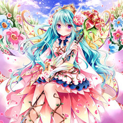  blue_hair blush commentary_request dress fairy female flower frills hair_ornament kidatsu!_dungeons_lord long_hair nogi_takayoshi official_art original petals pointy_ears purple_eyes rifuren_(kidatsu!_dungeons_lord) sidelocks sitting sky solo staff tiara 