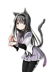  akemi_homura akemi_homura_(magical_girl) animal_ears bad_id bad_pixiv_id black_hair blush cat_ears cat_tail female flying_sweatdrops grey_skirt hairband kemonomimi_mode kyabechi long_hair magical_girl mahou_shoujo_madoka_magica mahou_shoujo_madoka_magica_(anime) mahou_shoujo_madoka_magica_movie_1_&amp;_2 pantyhose purple_eyes ribbon simple_background skirt solo soul_gem tail white_background 