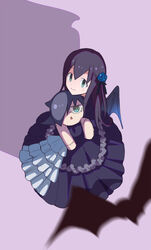  bags_under_eyes bat_(animal) bat_wings black_hair character_doll commentary_request dress empty_eyes female frilled_dress frills gothic_lolita green_eyes hair_over_one_eye hakka0320 highres kuroki_tomoko light_blush light_smile lolita_fashion long_hair photoshop_(medium) satozaki_kiko stitches watashi_ga_motenai_no_wa_dou_kangaetemo_omaera_ga_warui! wings 