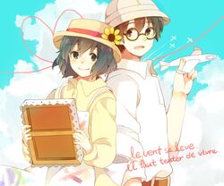  1boy amagi_hana bad_id bad_pixiv_id black_hair blue_eyes brown_eyes brown_hair canvas_(object) couple dress female french_text glasses hat holding horikoshi_jirou kaze_tachinu painting_(action) satomi_naoko short_hair sky straight studio_ghibli 