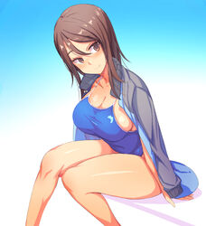  arm_support blue_background blue_jacket blue_one-piece_swimsuit breasts brown_eyes brown_hair cleavage closed_mouth collarbone commentary_request competition_school_swimsuit covered_navel feet_out_of_frame female from_side girls_und_panzer gradient_background grey_jacket hair_between_eyes head_tilt high_collar highres invisible_chair jacket jacket_on_shoulders keizoku_military_uniform knees_together_feet_apart kook large_breasts leaning_forward light_smile long_hair long_sleeves looking_at_viewer looking_to_the_side mika_(girls_und_panzer) military military_uniform no_headwear one-piece_swimsuit open_clothes open_jacket orange_eyes raglan_sleeves school_swimsuit shadow shiny_skin sideboob sitting smile solo straight_hair swept_bangs swimsuit swimsuit_under_clothes taut_clothes taut_swimsuit thick_thighs thighs track_jacket uniform white_background 