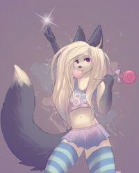  akukun anthro arctic_fox big_hair bubble_gum candy canid canine clothed clothing crossdressing dessert femboy fluffy food fox fur hair kolae legwear lollipop male mammal purple_eyes simple_background solo sparkles true_fox 