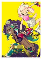  &gt;:) +_+ 2girls ^_^ bare_arms bare_legs black_gloves closed_eyes closed_mouth collared_vest colored_skin commentary_request crop_top cropped_vest crown dapple_dualies_(splatoon) dark-skinned_female dark_skin dress dual_wielding fingerless_gloves gloves green_hair green_skin grin headphones heavy_splatling_(splatoon) high_collar holding holding_weapon inkling leaning_forward long_hair marina_(splatoon) medium_hair midair midriff mole mole_under_mouth multicolored_hair multicolored_skin multiple_girls navel navel_piercing octoling outstretched_arms pearl_(splatoon) piercing pink_hair pointy_ears purple_eyes shoes short_dress shorts simple_background smile splatoon_(series) splatoon_2 spread_arms standing stomach suction_cups tentacle_hair twitter_username two-tone_hair unzipped uyori v-shaped_eyebrows very_long_hair vest weapon white_dress white_footwear yellow_background yellow_eyes zipper zipper_pull_tab 