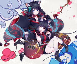  2girls animal_ear_fluff animal_ears azur_lane bad_id bad_pixiv_id between_breasts black_hair black_kimono blue_eyes bob_cut boots branch breasts butterfly_hair_ornament cat_ears cleavage detached_sleeves flower fox_mask fusou_(azur_lane) hair_ornament hand_on_another&#039;s_head head_between_breasts highres japanese_clothes kimono large_breasts long_hair mask multiple_girls one_eye_closed red_eyes short_hair short_kimono sideboob sideless_kimono thighhighs waves white_thighhighs wide_sleeves yaekn yamashiro_(azur_lane) zettai_ryouiki 