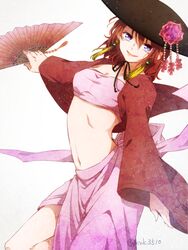  akatsuki_no_yona black_hat blue_eyes breasts cleavage commentary_request earrings female flower folding_fan hair_between_eyes hand_fan hat hat_flower holding holding_fan jewelry kanako3510 long_sleeves looking_at_viewer medium_breasts midriff navel pink_skirt red_flower red_hair short_hair signature simple_background skirt smile solo standing stomach tassel tassel_earrings twitter_username white_background wide_sleeves yona_(akatsuki_no_yona) 