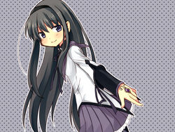  akemi_homura akemi_homura_(magical_girl) bad_id bad_pixiv_id black_hair female hairband kyabechi long_hair magical_girl mahou_shoujo_madoka_magica mahou_shoujo_madoka_magica_(anime) outline pantyhose photoshop_(medium) purple_eyes skirt smile solo soul_gem 