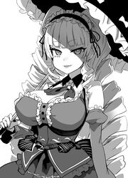  :d asanagi blunt_bangs breasts chains cleavage commentary deep_web_underground detached_collar detached_sleeves dress drill_hair eyebrows eyelashes facial_mark female fingernails frilled_hairband frills greyscale hairband highres holding holding_umbrella large_breasts lolita_fashion lolita_hairband long_hair long_sleeves looking_at_viewer monochrome oerba_yun_fang open_mouth parasol puffy_long_sleeves puffy_sleeves ribbon ringlets shinsougumi simple_background smile solo symbol-only_commentary tsurime twin_drills umbrella very_long_hair virtual_youtuber white_background 