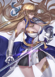  armor blonde_hair bow braid breasts cleavage closed_eyes commentary_request elbow_gloves female gauntlets gloves hairbow jeanne_kaguya_d&#039;arc large_breasts long_hair nobunaga_the_fool pauldrons ryuuzaki_ichi shoulder_armor single_elbow_glove skirt solo sword thighhighs weapon 