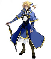  1boy armor blonde_hair blue_eyes bridal_gauntlets capelet commentary_request da_panda greaves guilty_gear guilty_gear_xrd ky_kiske magnolia_eclair_ii male_focus planted planted_sword ponytail solo sword weapon 