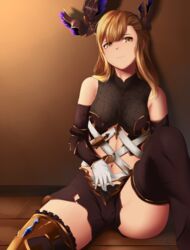  against_wall bare_shoulders black_thighhighs breasts brown_eyes brown_hair closed_mouth commentary female gloves granblue_fantasy hand_on_own_stomach head_tilt highres long_hair looking_at_viewer medium_breasts mengo navel on_floor sitting smile solo thighhighs tweyen_(granblue_fantasy) white_gloves 