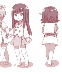  3girls aged_down backpack bad_id bad_pixiv_id bag commentary holding_hands jakuzure_nonon kill_la_kill kiryuuin_satsuki lolicon long_hair matoi_ryuuko multiple_girls sea_(azure_pastel) short_hair skirt 