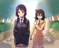  2girls blazer blush cardigan commentary_request d: green_eyes hakka0320 hand_on_own_shoulder jacket kuroki_tomoko long_skirt multiple_girls necktie open_mouth outdoors photoshop_(medium) purple_eyes purple_necktie school_uniform skirt sweatdrop tamura_yuri tree walking watashi_ga_motenai_no_wa_dou_kangaetemo_omaera_ga_warui! 