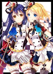  2girls ayase_eli bad_id bad_pixiv_id blonde_hair blue_eyes blue_hair cafe_maid_(love_live!) gloves hat long_hair love_live! love_live!_school_idol_festival love_live!_school_idol_project microphone multiple_girls ponytail sakura_hiyori smile sonoda_umi thighhighs yellow_eyes 