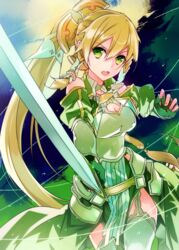  adapted_costume alternate_costume armor blonde_hair breastplate breasts commentary_request female green_armor green_eyes hip_armor holding holding_sword holding_weapon jianmo_sl large_breasts leafa leafa_(terraria) long_hair ponytail solo sword sword_art_online sword_art_online:_alicization sword_art_online:_alicization_-_war_of_underworld thighhighs verdurous_anima very_long_hair weapon 